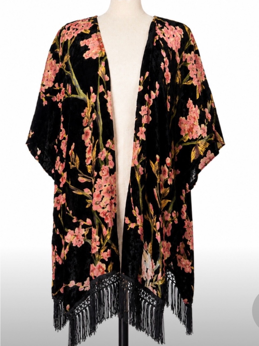 Black Floral Velvet Kimono Fringe Tassle Boho Festival Dark  Fairycore  Duster